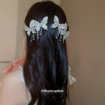 Silver Crystal Butterfly Mesh Duckbill Hair Clips Pair