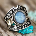 Antique Silver Star Moon Oval Blue Stone Fashion Ring view 2