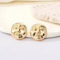 Gold Tone Sculpted Face Relief Round Stud Earrings view 4