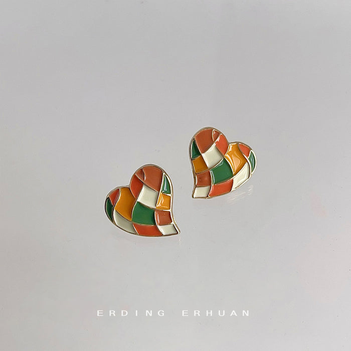Gold-Tone Heart Patchwork Enamel Stud Earrings Multicolor