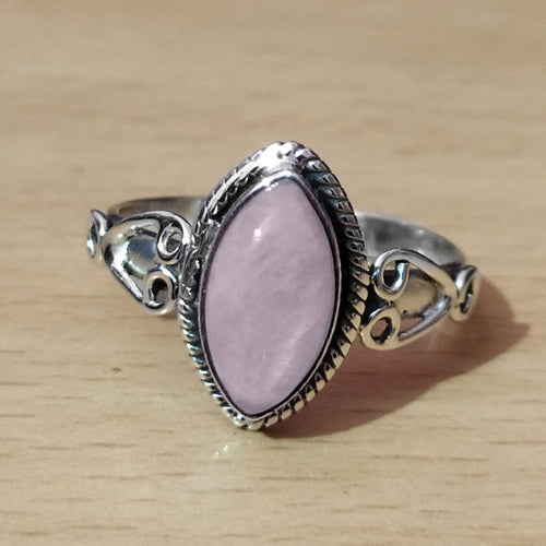 Second product view showing antiqued silver-tone pink or aqua marquise cabochon filigree ring
