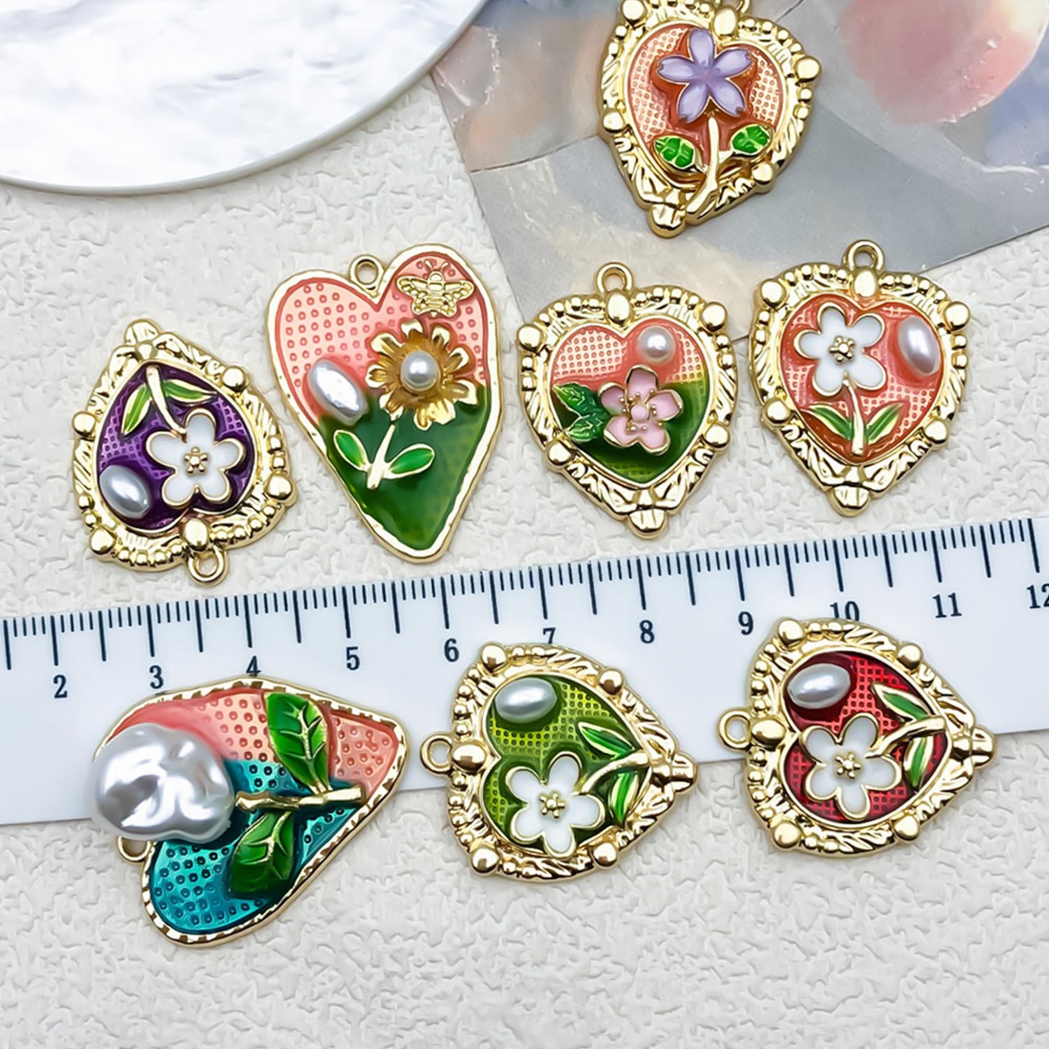 Zinc Alloy Enamel Heart Oil Painting Flower Charm Pendant for DIY Earrings Necklace
