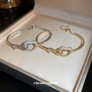 Double Heart Crystal Bracelet In Gold Tone Or Silver Tone