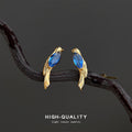 Gold Tone Blue Marquise Crystal Bird Stud Earrings view 1