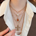Layered Gold Tone Cross And Pearl Necklace Set Jewelry view 3