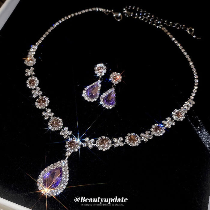 Silver Purple Teardrop Crystal Necklace Stud Earrings Set
