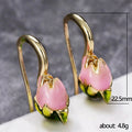 Gold Tone Pink Tulip Flower Hook Earrings with Enamel Detail view 5