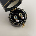 Gold Tone Pale Green Oval Stone And White Pearl Stud Earrings view 4