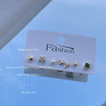 Gold Six Piece Mini Stud Set Star Pearl Bow Green Stone view 4