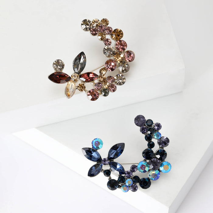 Moon Flower Crystal Rhinestone Brooch Purple Blue Crescent Pin