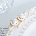 Pearl Center White Enamel Disc Stud Earrings Gold Rim view 2