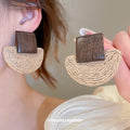 Wood Square and Woven Semicircle Statement Stud Earrings view 3