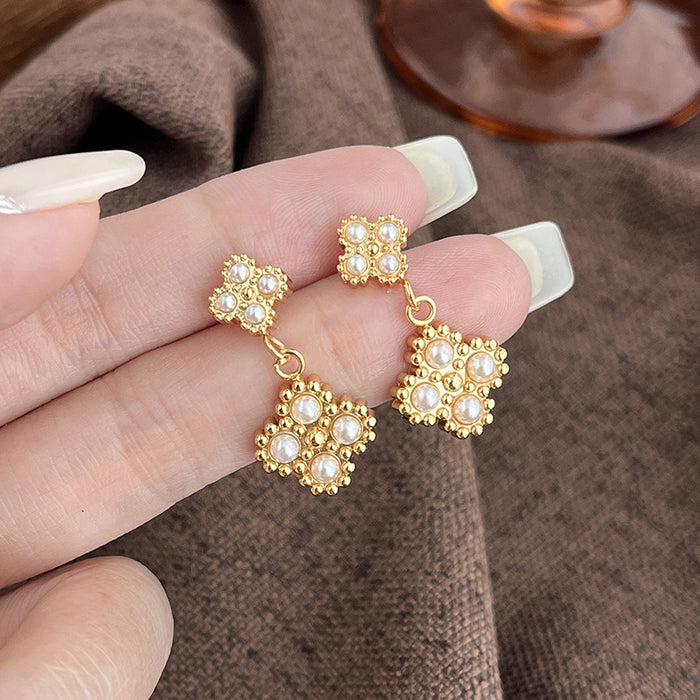 Double Pearl Cluster Drop Earrings with Gold Tone Settings