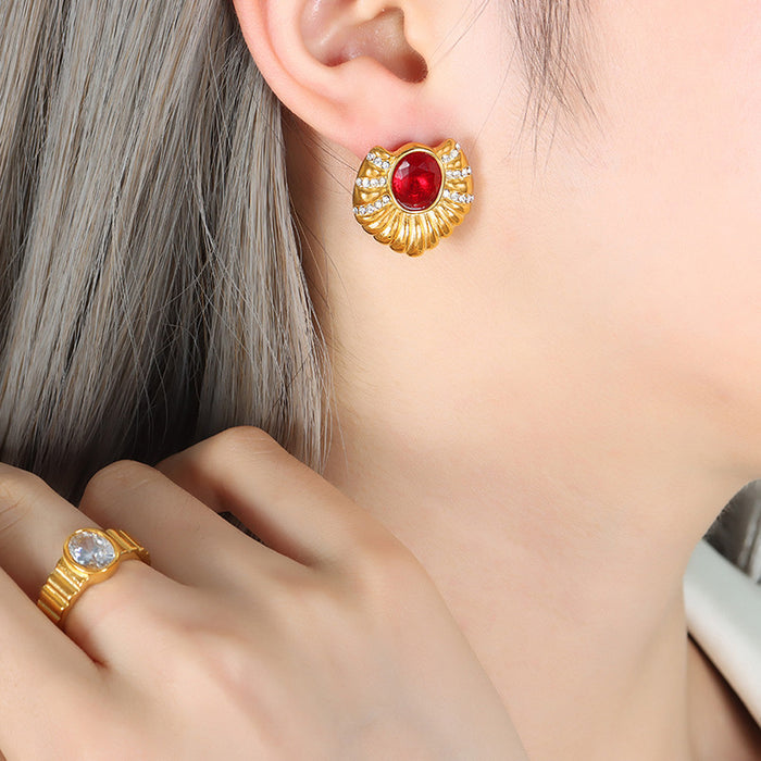 Ribbed Fan Stud Earrings Red Glass Stone Gold Steel