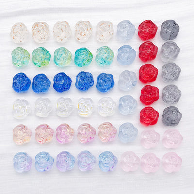 Front product photo of translucent camellia rose glass bead showing the pictured design arrangement