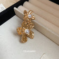 Hammered Double Flower Pearl Like Open Ring In Gold Or Silver Tone view 4
