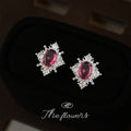 Silver Magenta Oval Crystal Cluster Stud Earrings Halo view 3