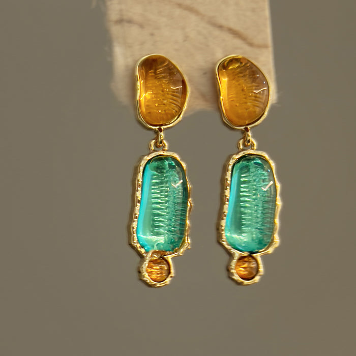 Turquoise Blue Rectangle Drop Earrings with Amber Studs