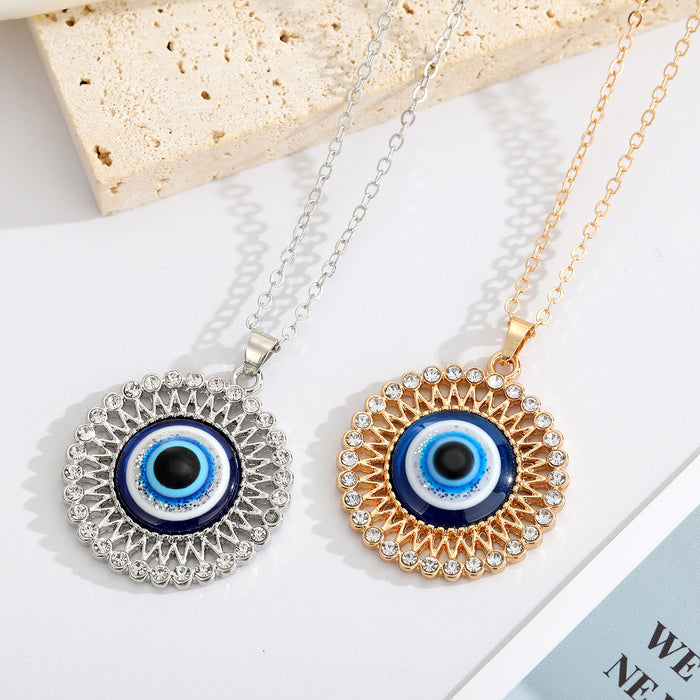 Large Round Crystal Halo Blue Evil Eye Pendant Necklaces in Two Finishes