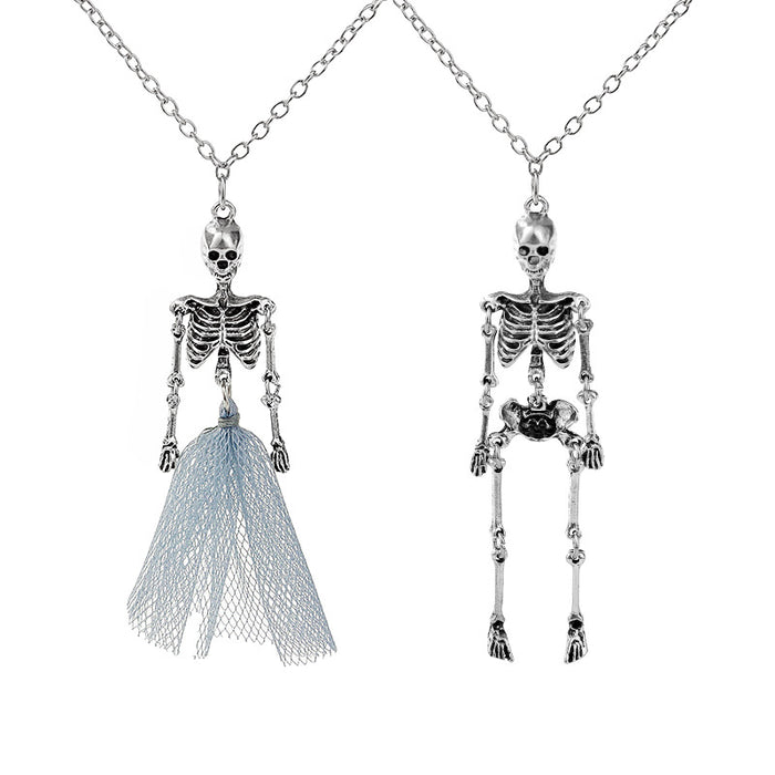 Silver Articulated Skeleton Pendant Necklace Mesh Skirt Style