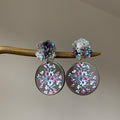 Floral Print Round Disc Earrings with Iridescent Flower Studs view 2