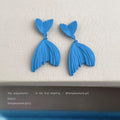 Blue Matte Mermaid Fish Tail Drop Earrings Ribbed Pair view 2