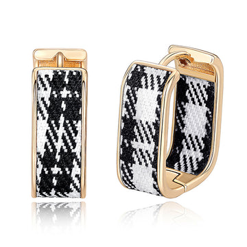 Gold Tone Plaid Fabric Rectangle Huggie Earrings