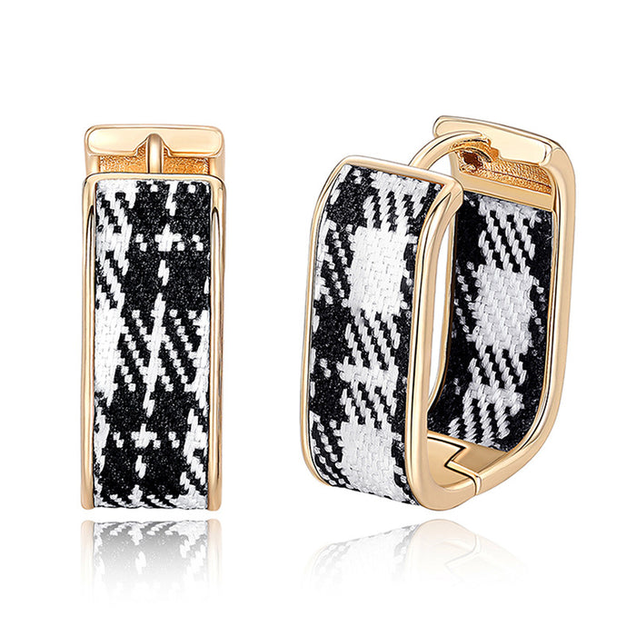 Gold Tone Plaid Fabric Rectangle Huggie Earrings