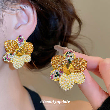 Crystal Pave Layered Flower Earrings with Distinctive Textured Details