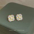 Gold Square Pastel Enamel Cross Crystal Stud Earrings view 4