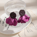 Fuchsia Fabric Petal Flower Black Round Stud Earrings view 6
