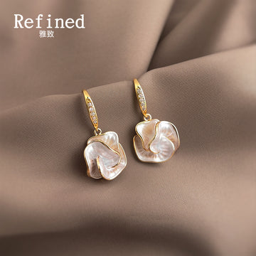 Gold Tone Clear Stone Hook And Iridescent Flower Drop Earrings