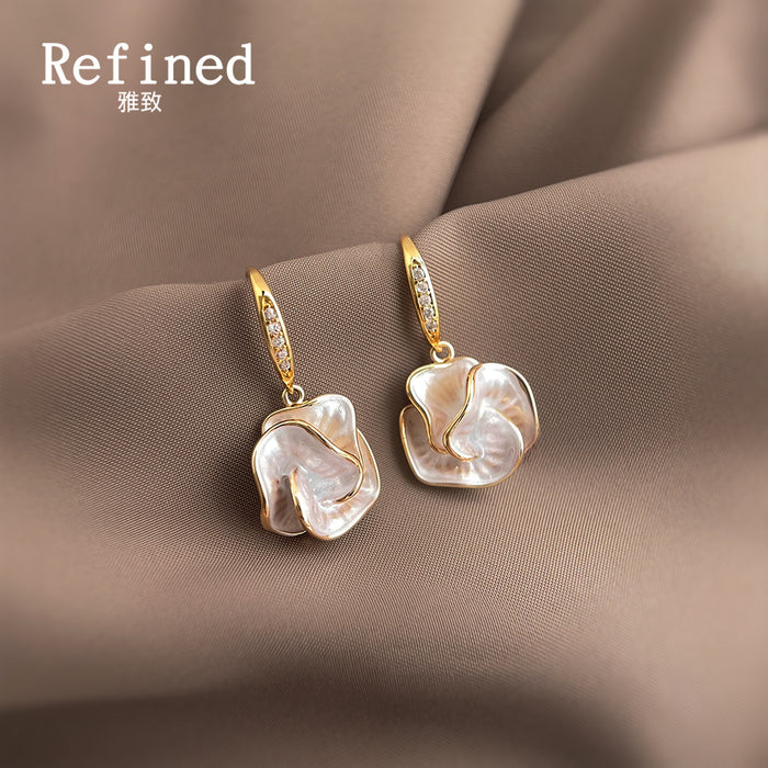 Gold Tone Clear Stone Hook And Iridescent Flower Drop Earrings