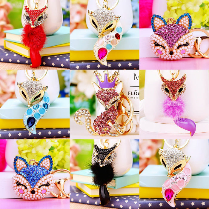 Jeweled Fox Keychain Collection With Crystal Crowns and Plush Tails