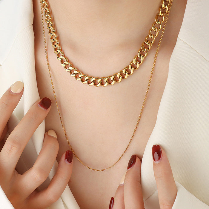 Double Layer Curb And Snake Chain Necklace Gold Steel