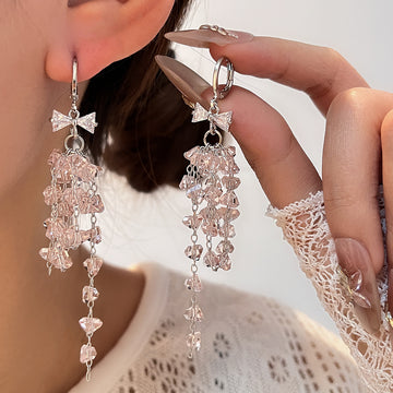 Pink Butterfly Bead and Chain Fringe Huggie Earrings