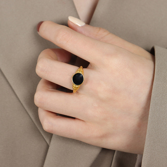 Open Band Ring Black Oval Center Ridged Gold Or Steel