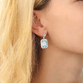 Light Blue Emerald Cut Halo Drop Earrings Silver Tone Metal view 3