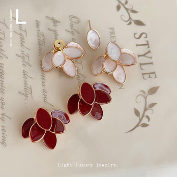 Enamel Leaf Cluster Stud Earrings Red and White Styles