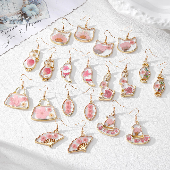 Pink Dried Flower Gold Frame Drop Earrings 10 Styles