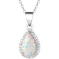 Silver Tone Opal Teardrop Halo Pendant Necklace Clear CZ view 1
