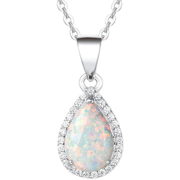 Silver Tone Opal Teardrop Halo Pendant Necklace Clear CZ