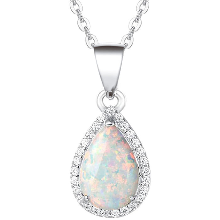 Silver Tone Opal Teardrop Halo Pendant Necklace Clear CZ