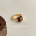 Gold Tone Brown Banded Square Stone Adjustable Open Ring view 4