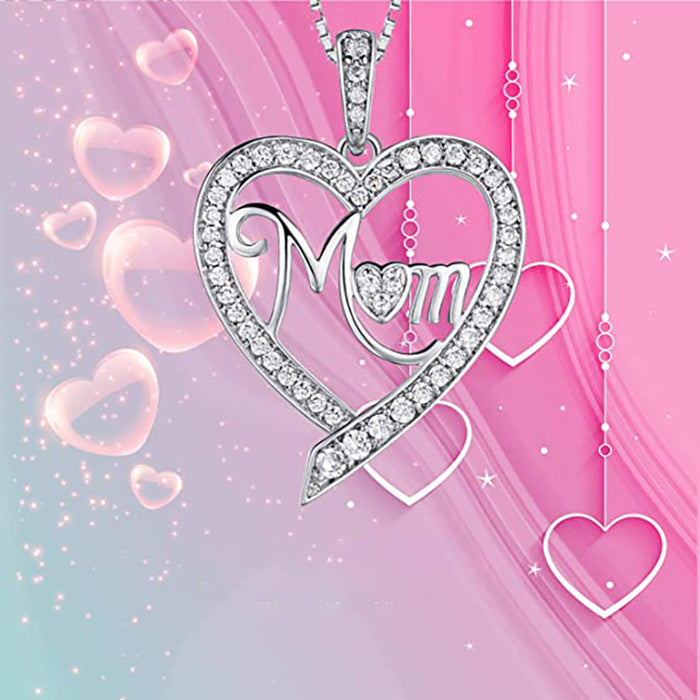 Silver Tone Crystal Heart Mom Pendant Necklace Polished Metal Jewelry