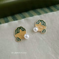 Gold Tone Green Hair Girl Face And White Pearl Bubble Stud Earrings view 1