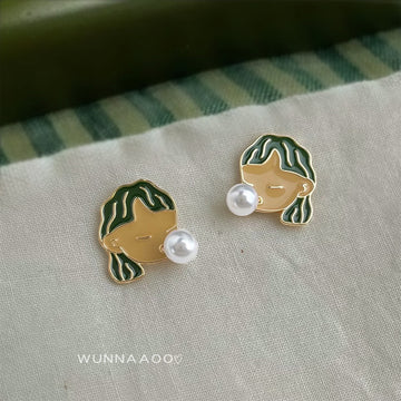 Gold Tone Green Hair Girl Face And White Pearl Bubble Stud Earrings