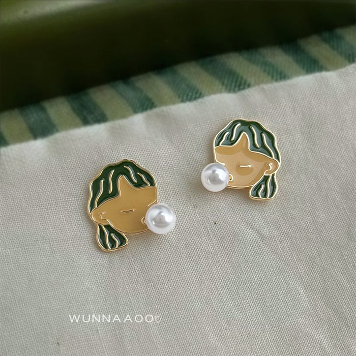 Gold Tone Green Hair Girl Face And White Pearl Bubble Stud Earrings