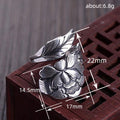 Antique Silver Peony Flower Leaf Open Adjustable Ring view 4
