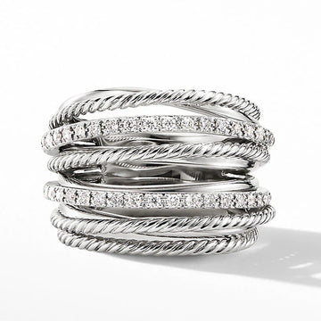 Wide Multi-Strand Cable Ring In Clear And Black Stone Options
